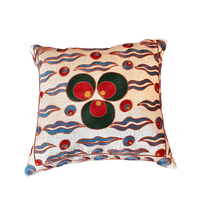 Embroidered Silk & Ikat Pillow - Beige, Green, Red, Blue