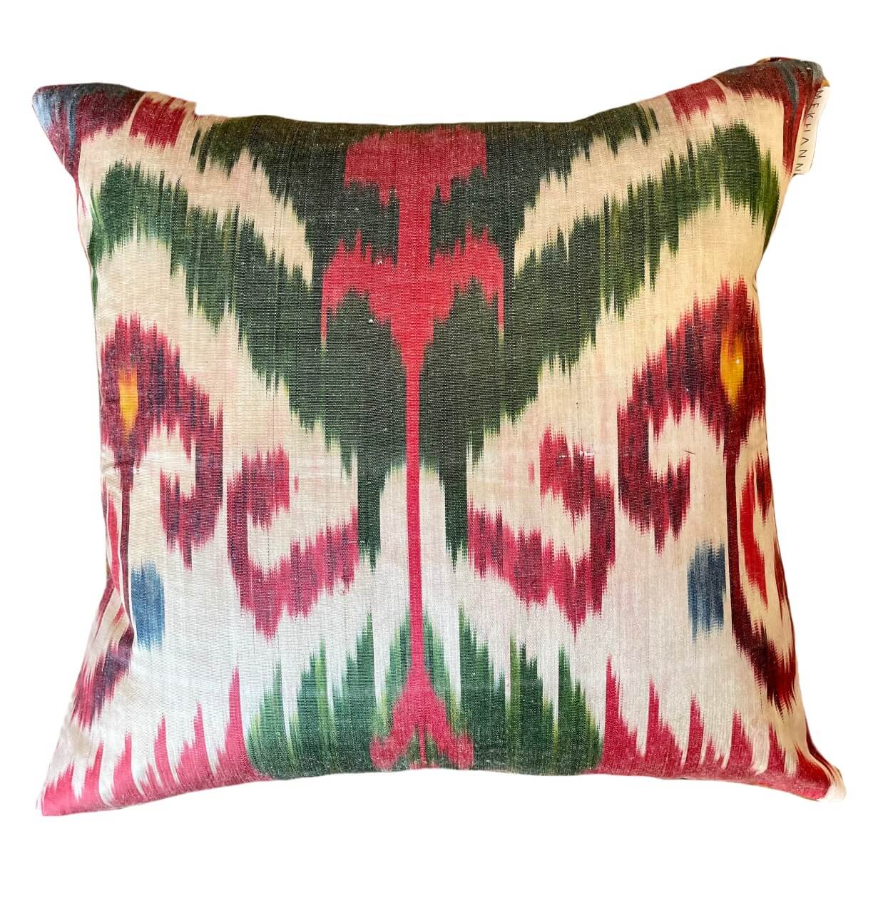 Embroidered Silk & Ikat Pillow - Beige, Green, Red, Blue