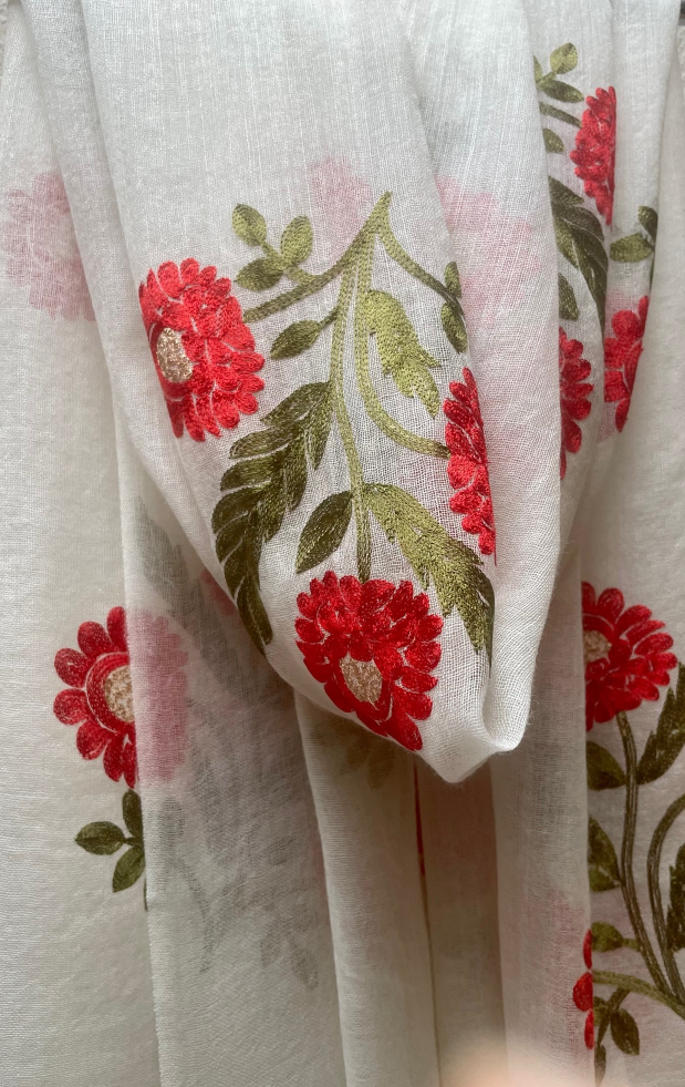 Silk Wool Embroidered Scarf - Red flowers
