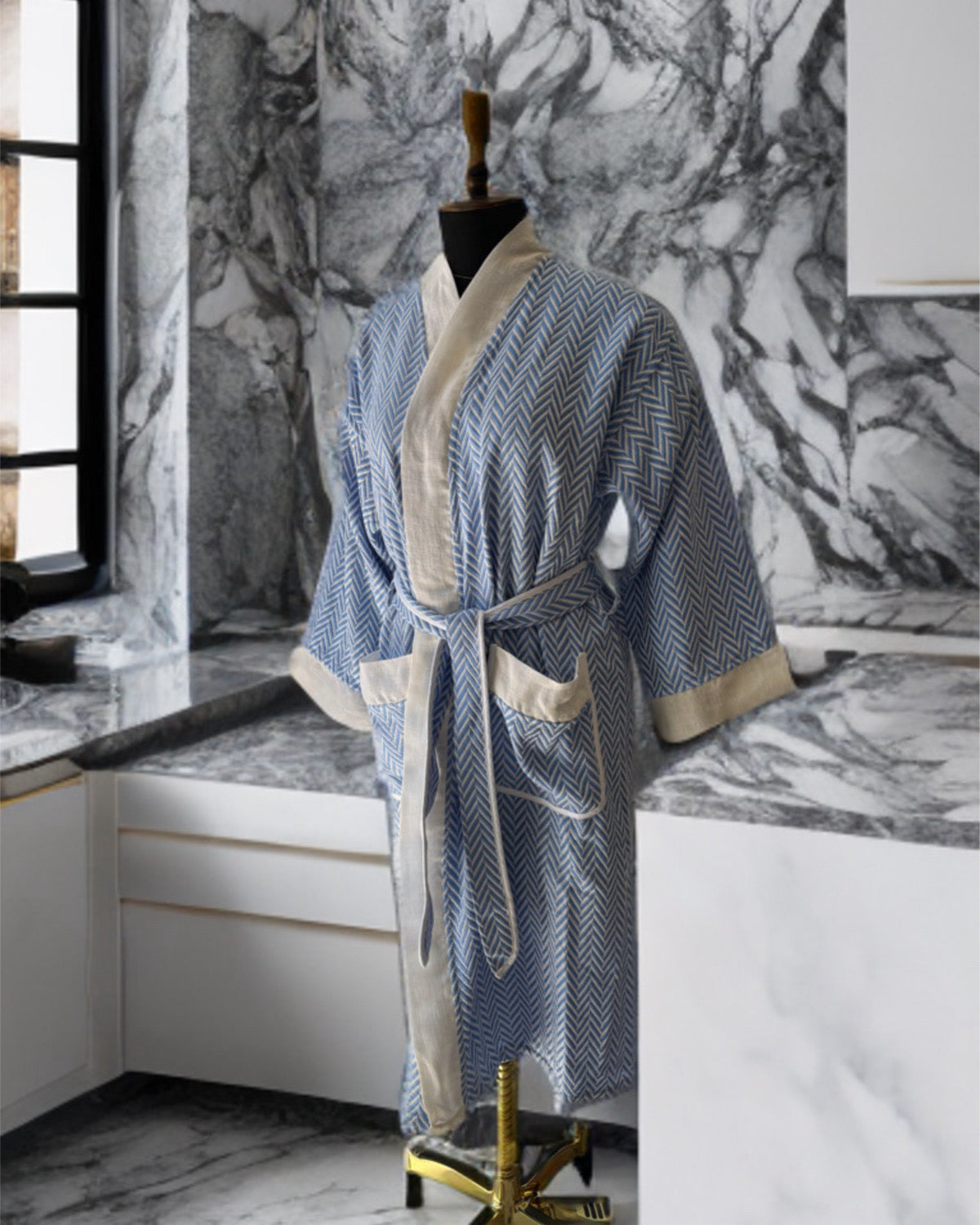 Chevron Kimono Bathrobe - Baby Blue Ivory