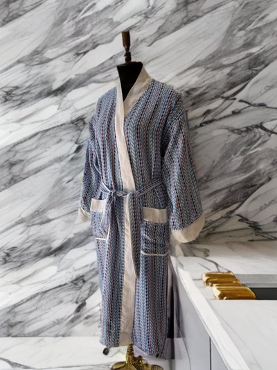 Chevron Kimono Bathrobe - Baby Blue Orange Ivory