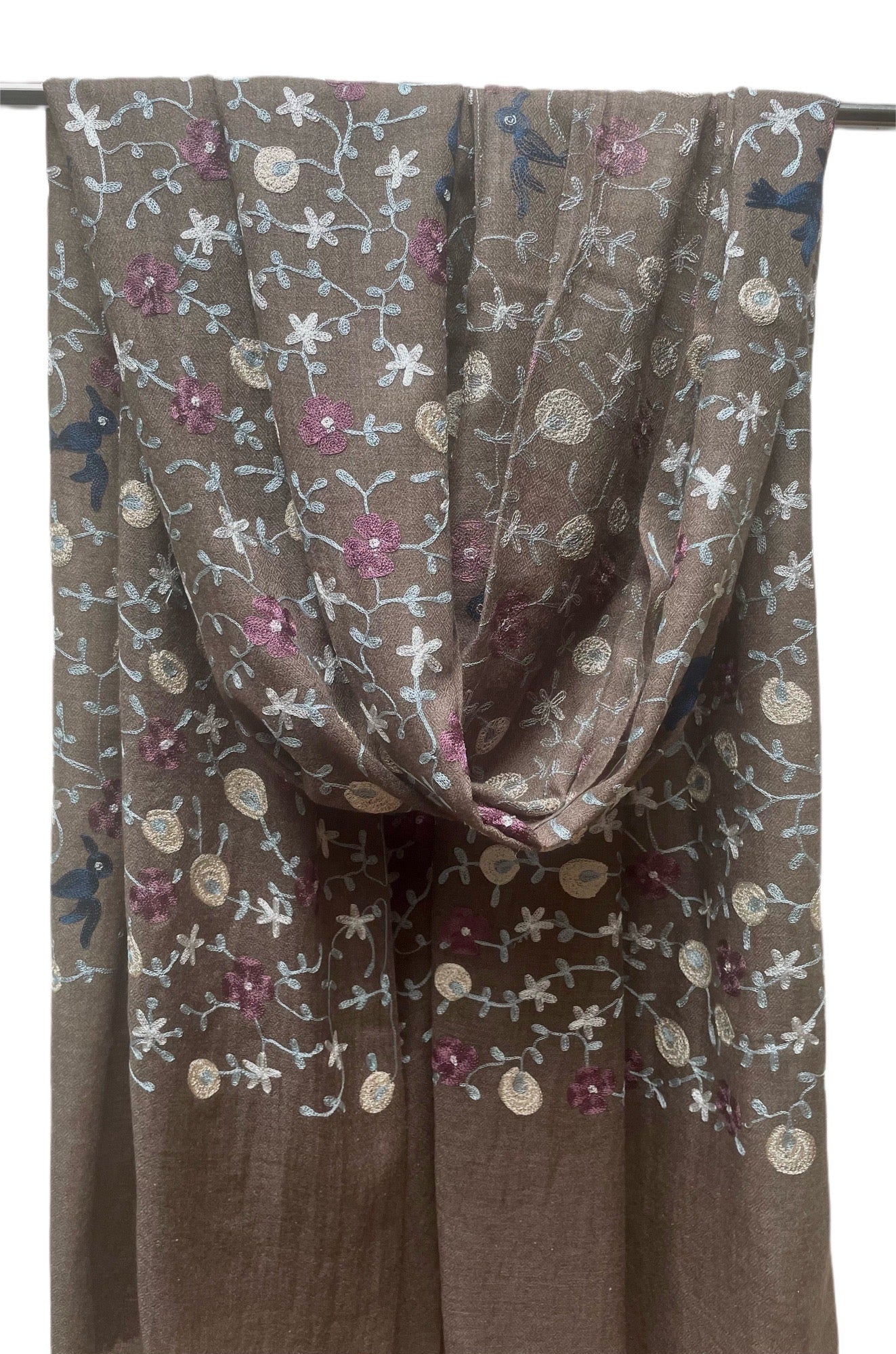 Cashmere Embroidered Scarf - Brown with flowers