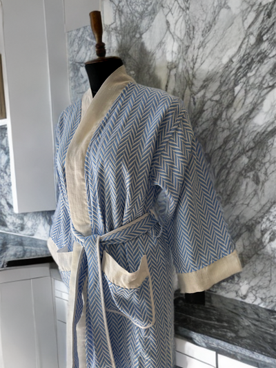 Chevron Kimono Bathrobe - Baby Blue Ivory