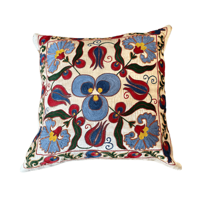 Embroidered Silk Pillow - Beige, Green, Gold, Red, Blue