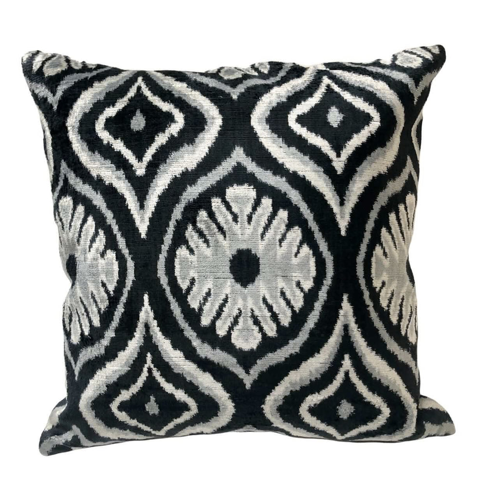 Geometric Ikat Velvet Pillow Cover with Black & Off White | Frontside is 100% Silk Velvet, Backside is Soft Black Fabric | Limited Edition order