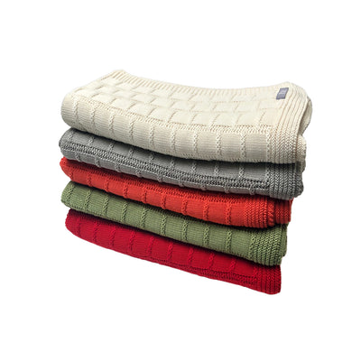 Volenta Squares Cotton Throw Blanket - Ivory, Gray, Orange, Green, Red