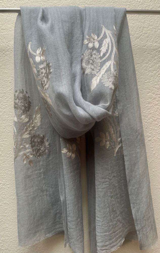 Silk Wool Embroidered Scarf - Gray gold flowers